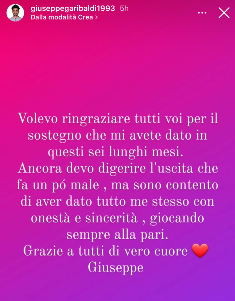 GF, Giuseppe Garibaldi le prime parole dopo l’eliminazione 2