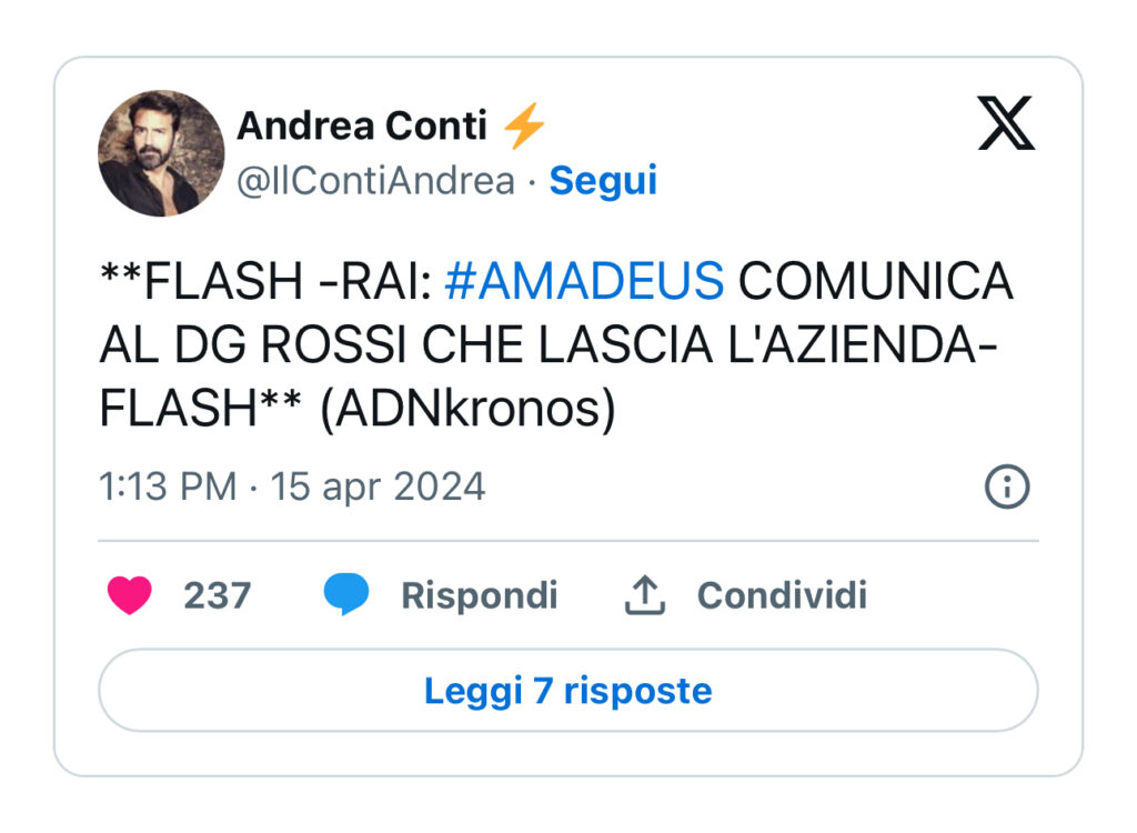 Amadeus lascia la Rai 2