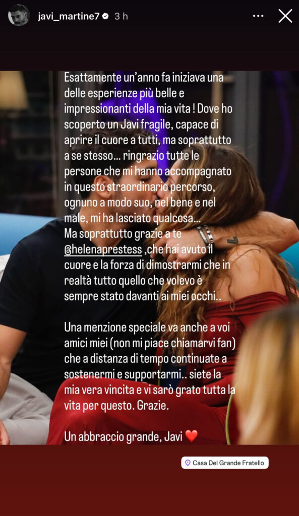 Grande Fratello, la dedica di Javier per Helena 2