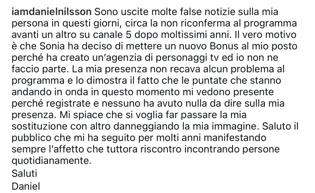 Avanti un altro, Daniel Nilsson rivela i motivi del suo allontanamento dal programma 3