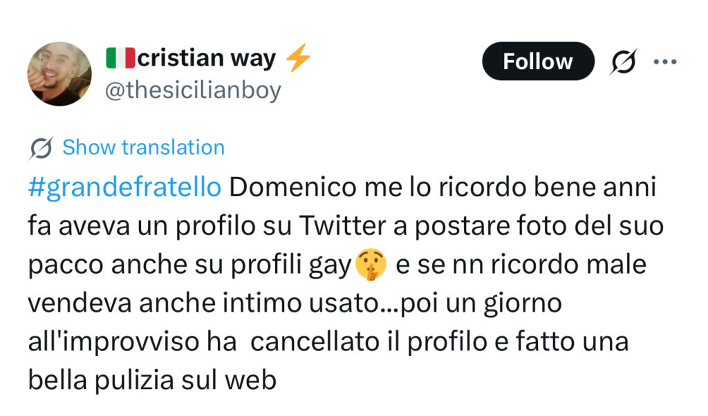 Grande Fratello, Domenico e quel profilo cancellato su X 2