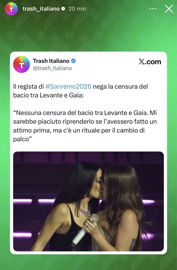 Sanremo 2026, Levante e Gaia si baciano ma la regia censura 2