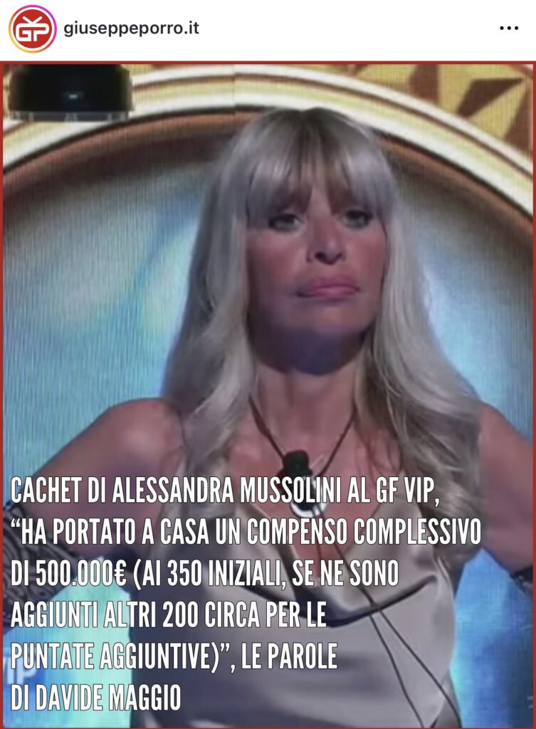 GFVIP, svelata la cifra astronomica del cachet di Alessandra Mussolini 2