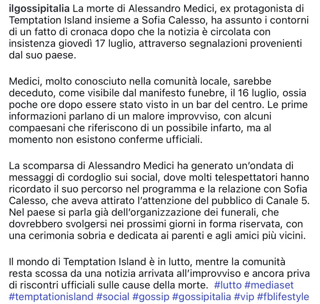 Temptation Island, è morto Alessandro Medici 3