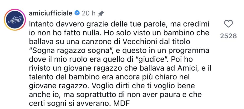 Amici, le bellissime parole di Emiliano per Maria De Filippi che risponde sui social 3
